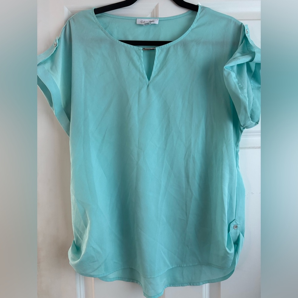 Calvin Klein Green and Blue Relaxed Short Sleeve Blouse